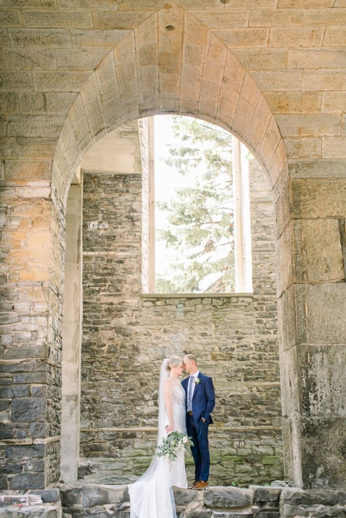Bride and groom portrait in the church ruins of St. Joseph's Park