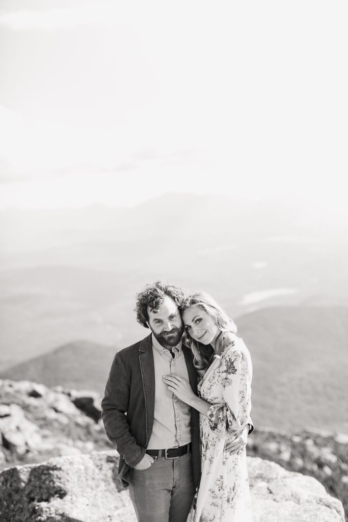 Black and white image of wedding couple with scenic views from Whiteface Mountain