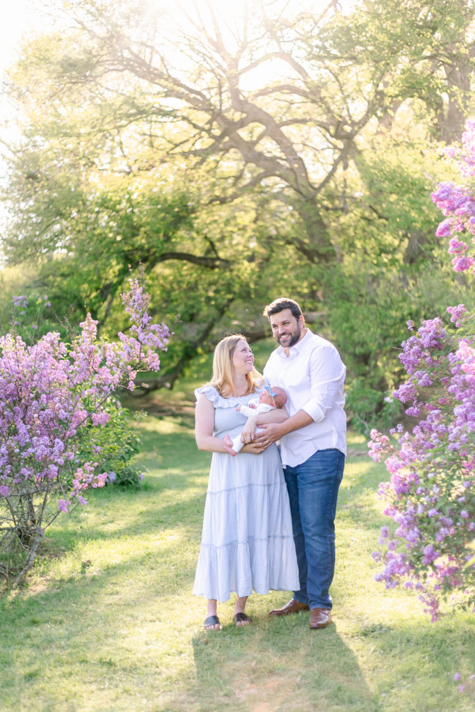 A mother and father cradling their newborn among blossoming purple lilac trees.