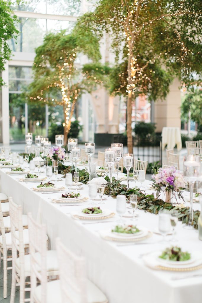 A wedding tablescape at a Wintergarden wedding in Rochester, NY.