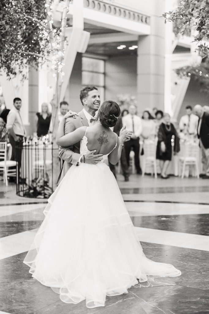 A couple's first dance at a Wintergarden wedding in Rochester, NY.